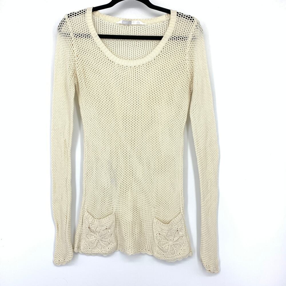 Athleta Scoop NEck Long Sleeve Sweater Womens Sz Medium Cream Open Knit Pockets